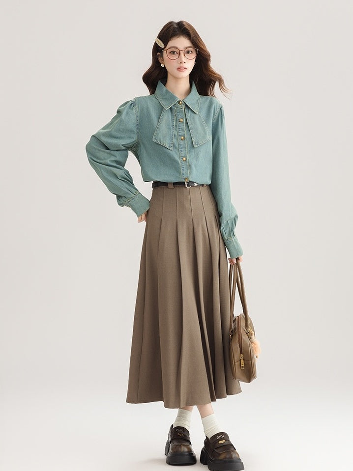 Korean Style Bow Puff Sleeve Denim Shirt