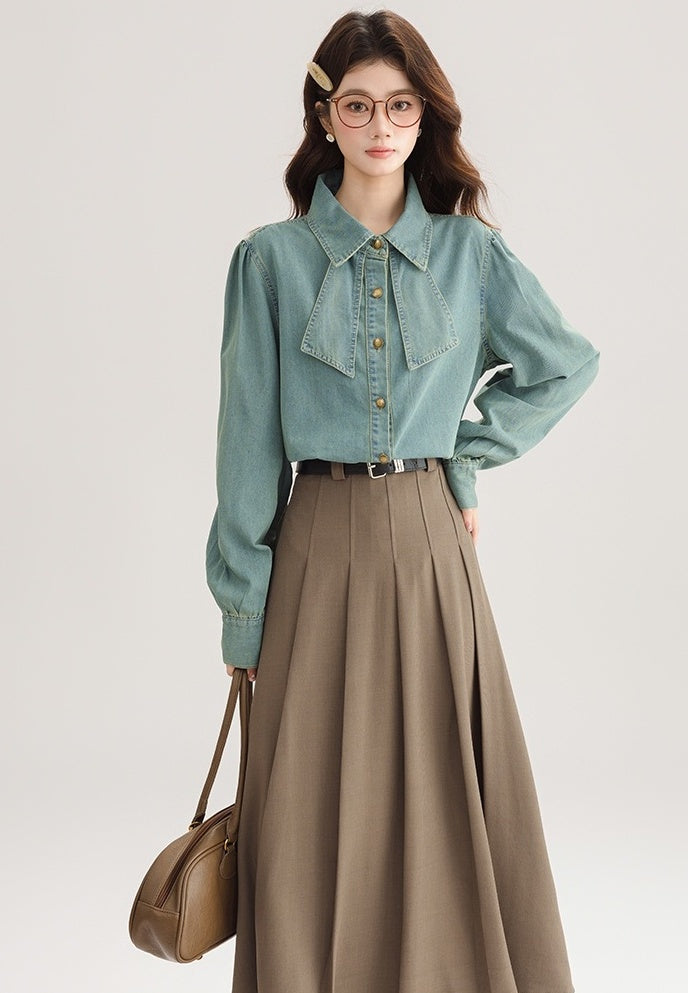 Korean Style Bow Puff Sleeve Denim Shirt