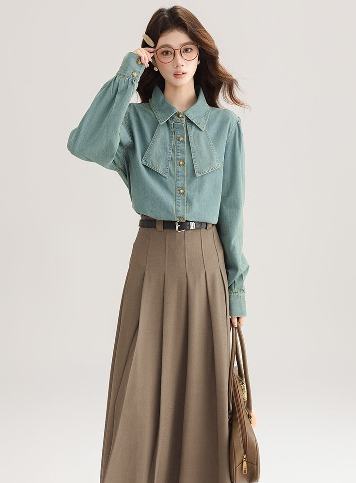 Korean Style Bow Puff Sleeve Denim Shirt