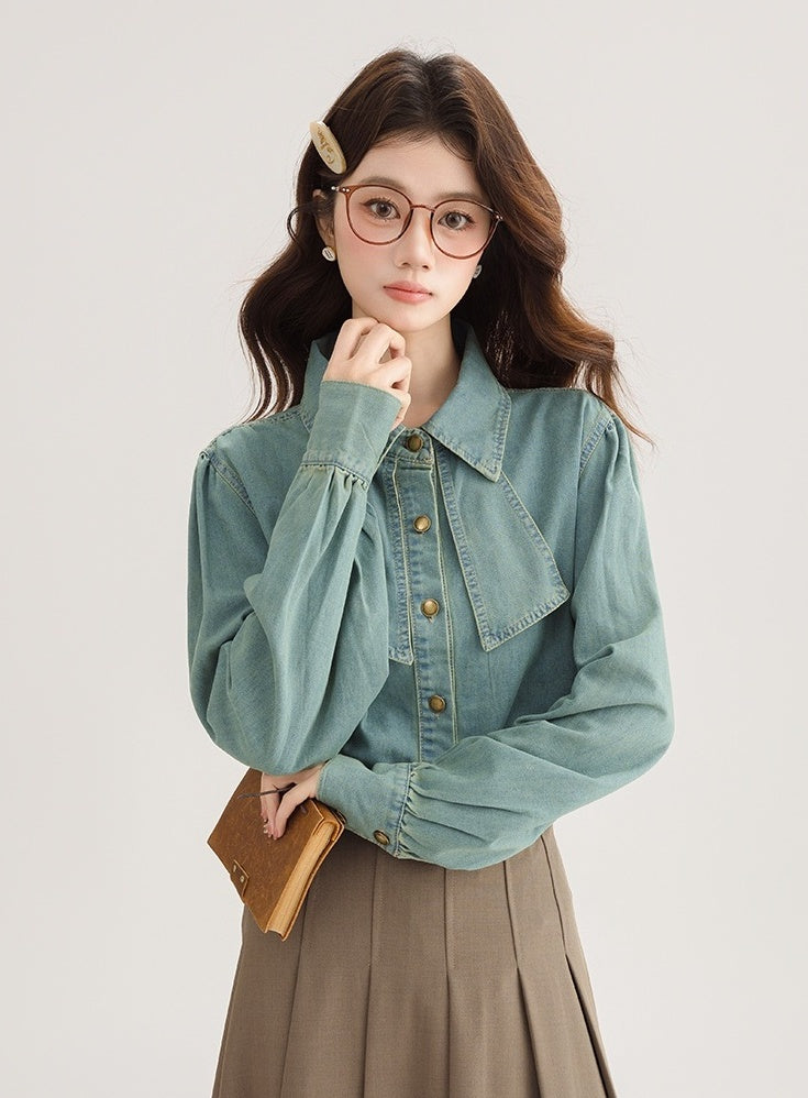 Korean Style Bow Puff Sleeve Denim Shirt