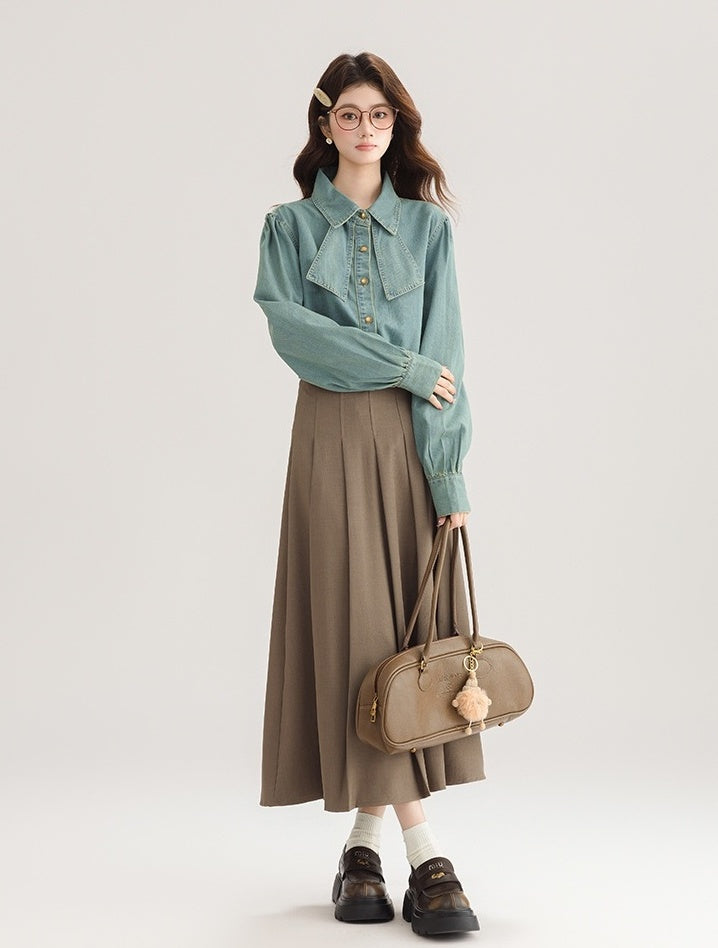 Korean Style Bow Puff Sleeve Denim Shirt