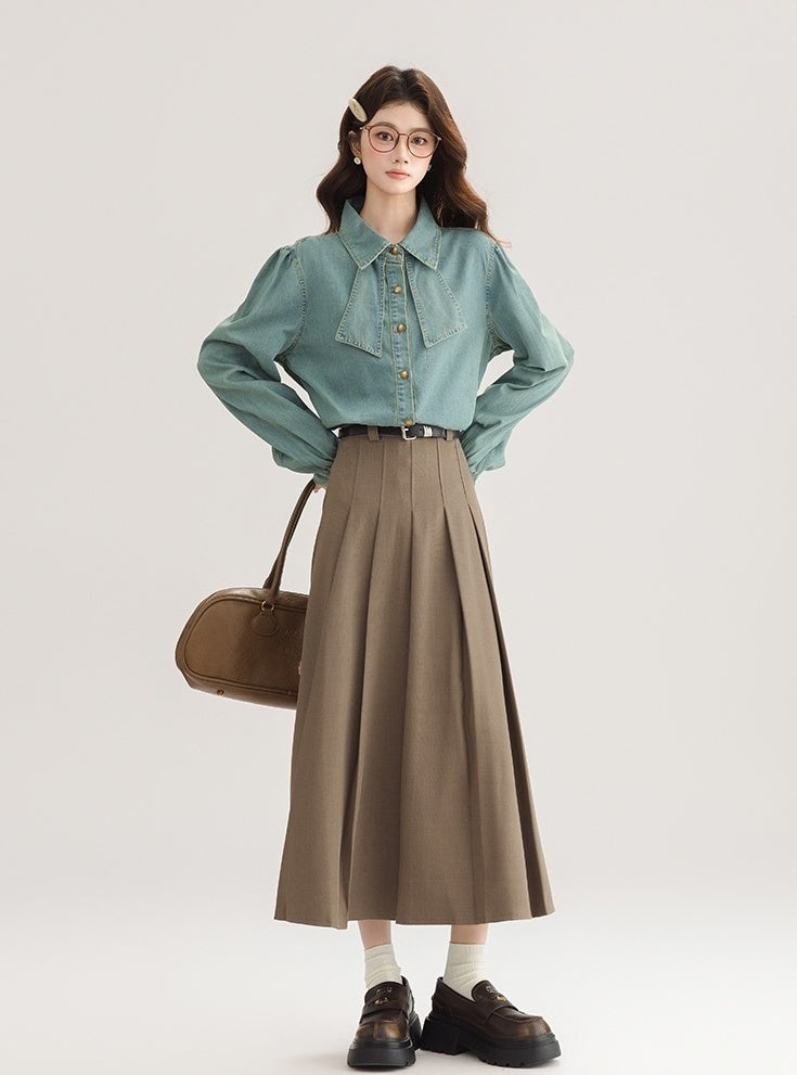 Korean Style Bow Puff Sleeve Denim Shirt