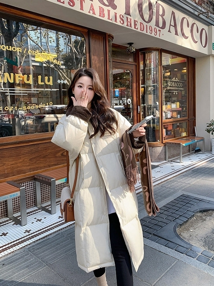 Korean Style Color Collar Long Down Puffer Coat