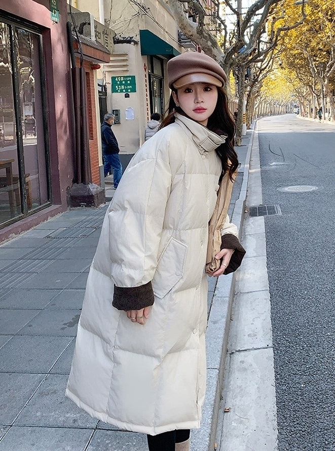 Korean Style Color Collar Long Down Puffer Coat