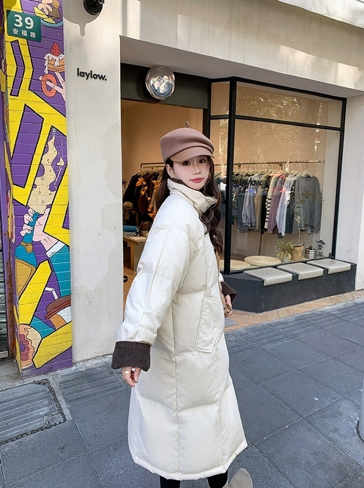 Korean Style Color Collar Long Down Puffer Coat
