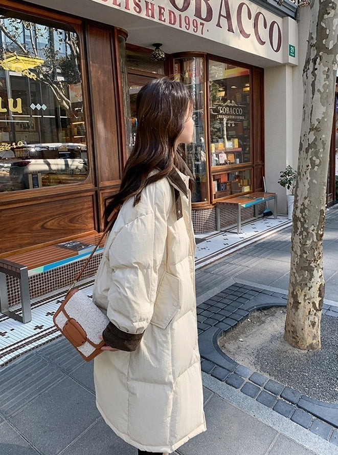 Korean Style Color Collar Long Down Puffer Coat