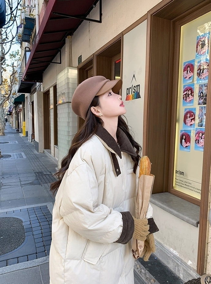 Korean Style Color Collar Long Down Puffer Coat