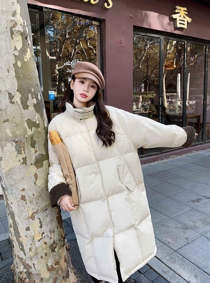 Korean Style Color Collar Long Down Puffer Coat
