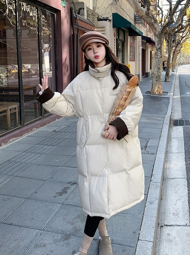 Korean Style Color Collar Long Down Puffer Coat