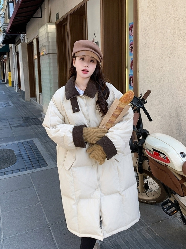 Korean Style Color Collar Long Down Puffer Coat