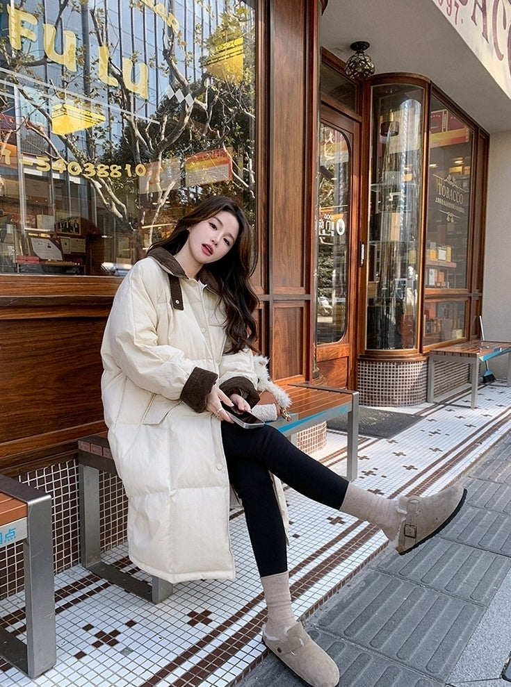 Korean Style Color Collar Long Down Puffer Coat