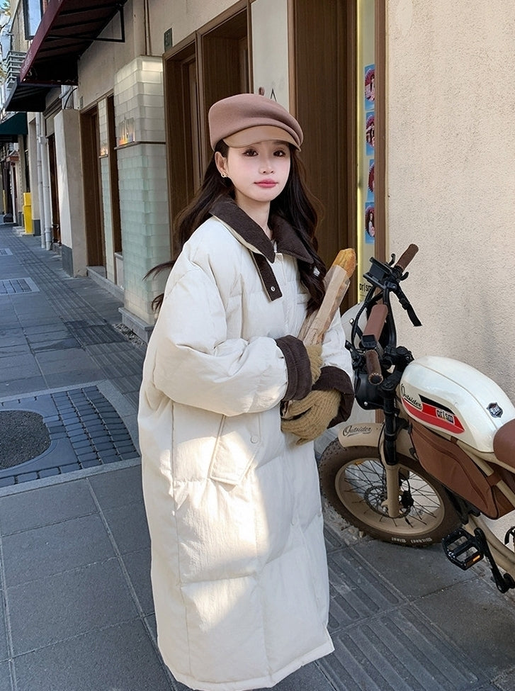Korean Style Color Collar Long Down Puffer Coat