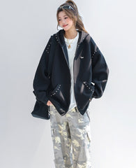Korean Style Dachshund Hoodie Studded Zipper Cardigan