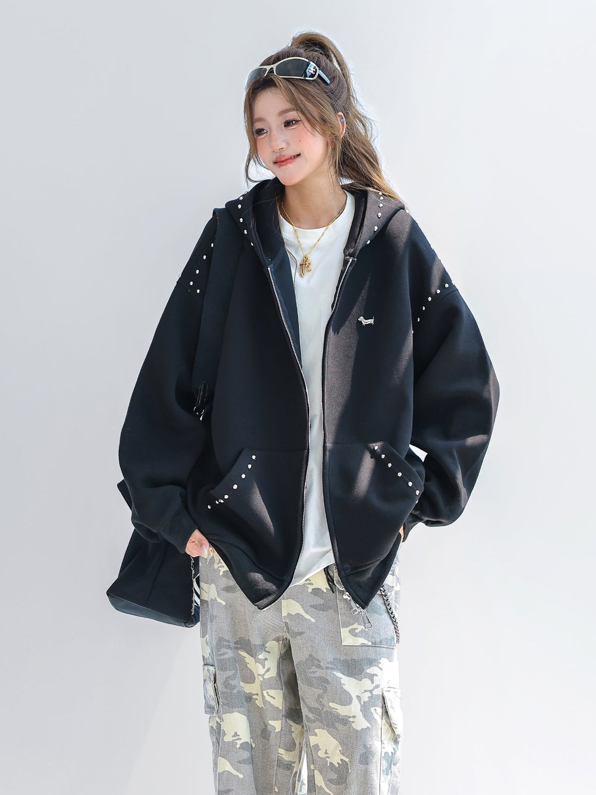 Korean Style Dachshund Hoodie Studded Zipper Cardigan
