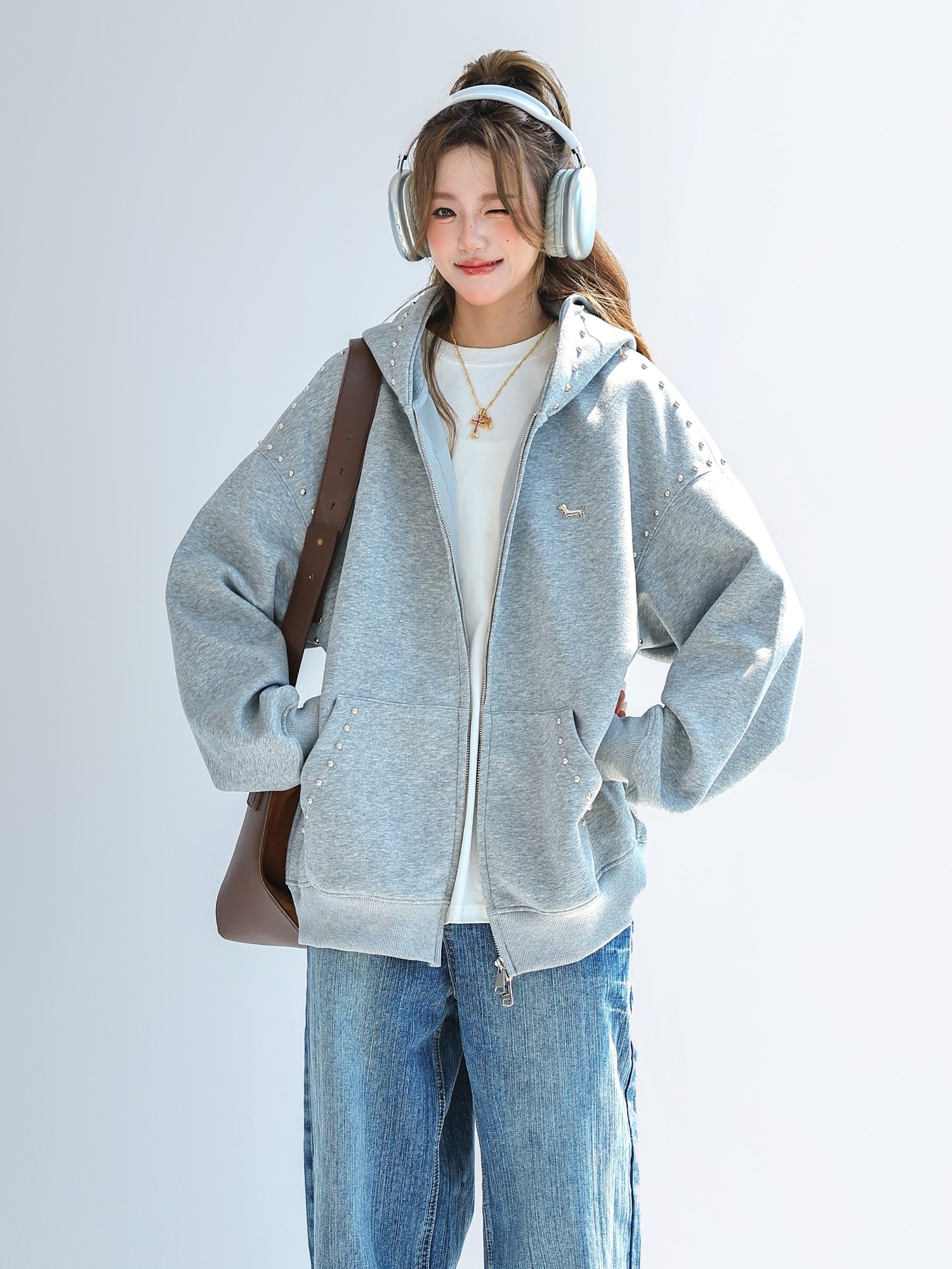 Korean Style Dachshund Hoodie Studded Zipper Cardigan