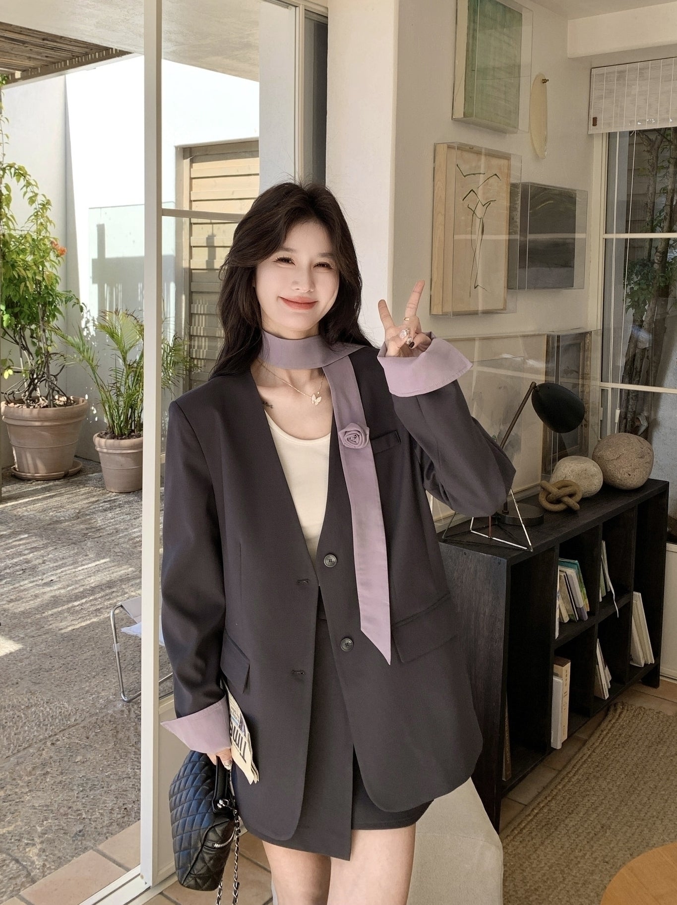 Korean Style Grey Blazer Skirt Two Piece Set