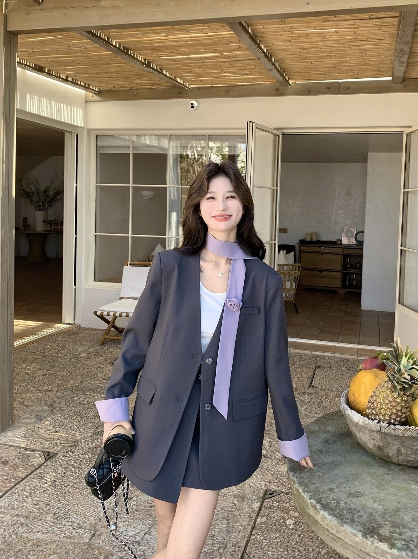 Korean Style Grey Blazer Skirt Two Piece Set