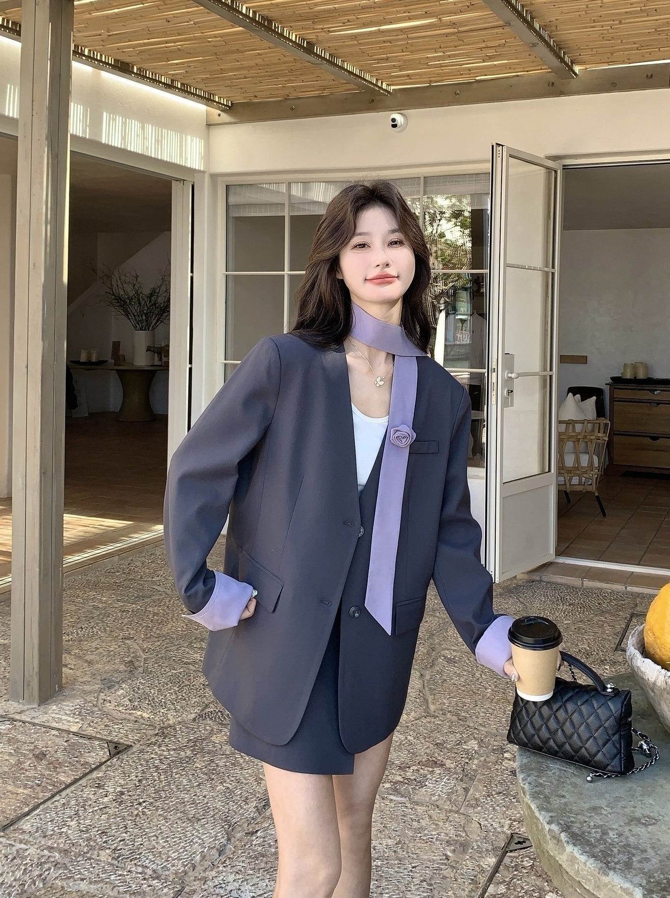 Korean Style Grey Blazer Skirt Two Piece Set