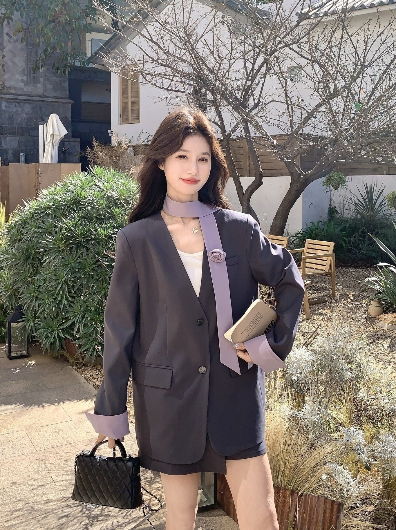 Korean Style Grey Blazer Skirt Two Piece Set