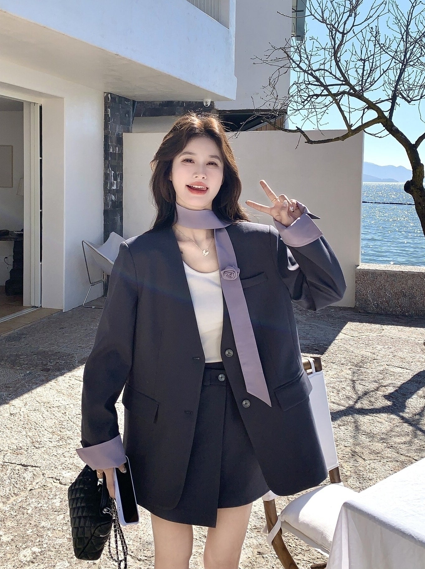 Korean Style Grey Blazer Skirt Two Piece Set