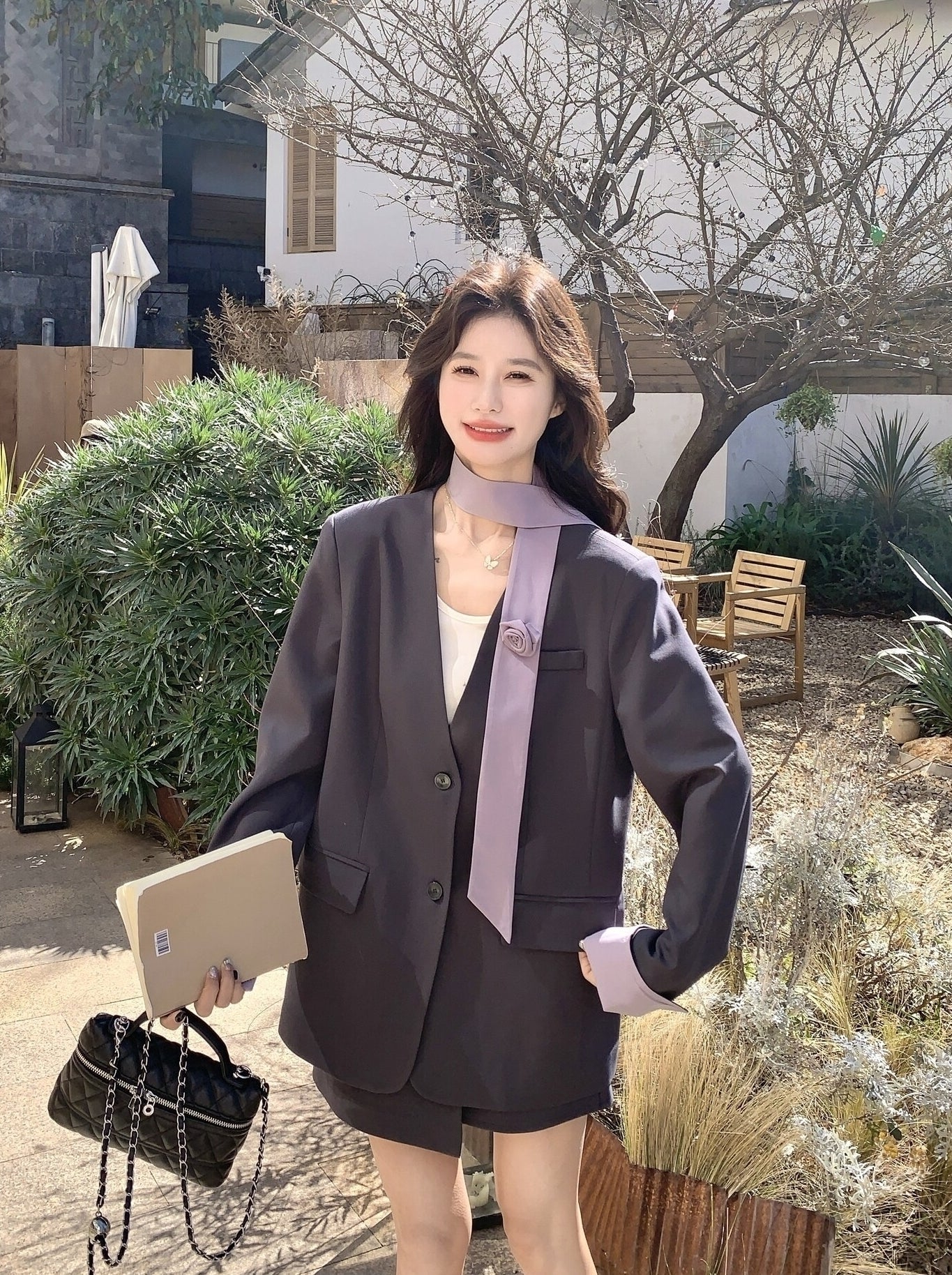 Korean Style Grey Blazer Skirt Two Piece Set
