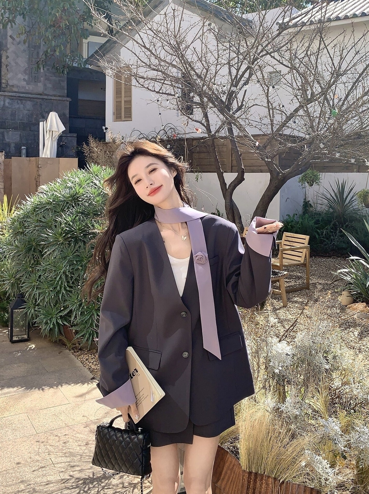 Korean Style Grey Blazer Skirt Two Piece Set