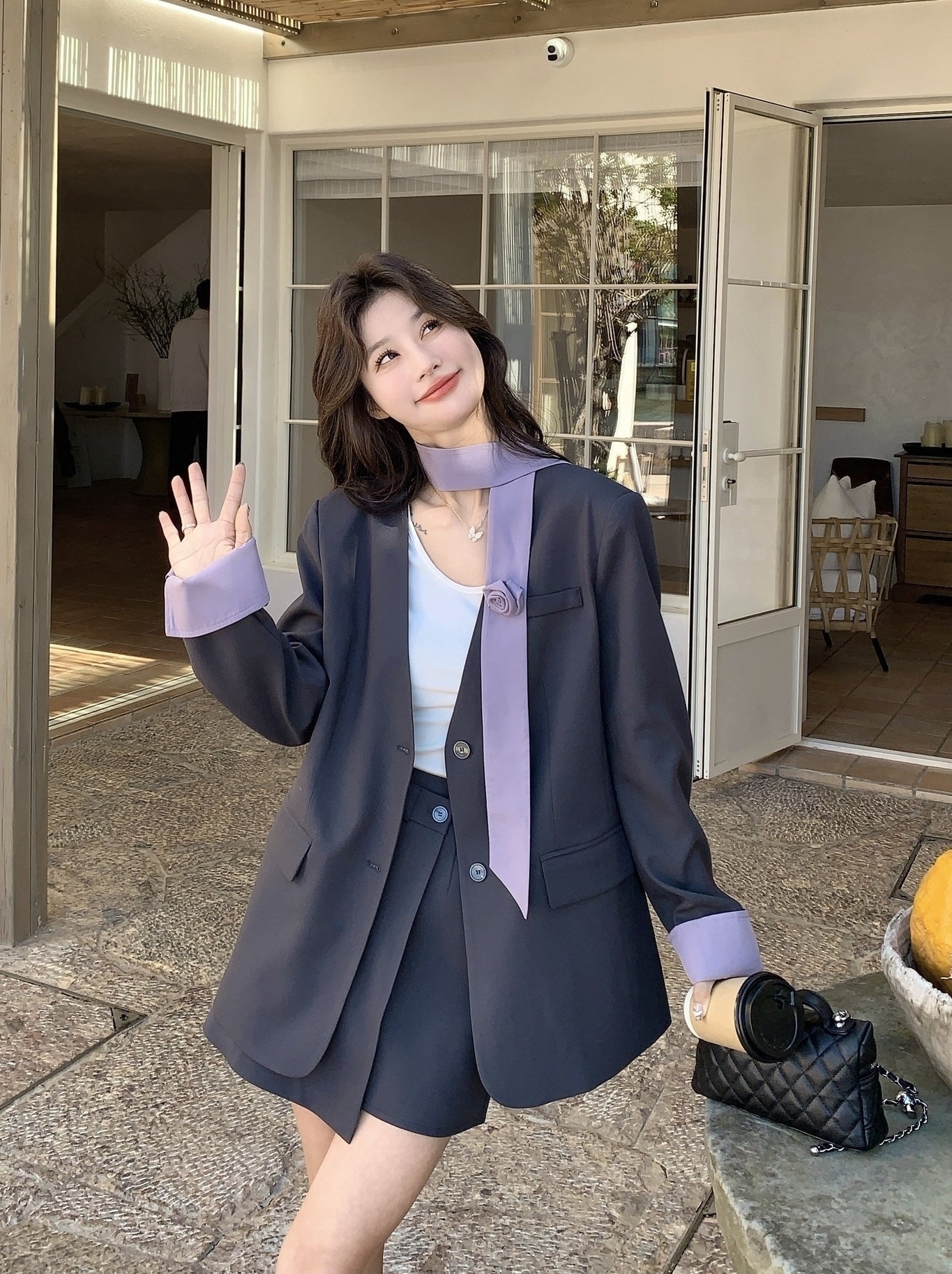 Korean Style Grey Blazer Skirt Two Piece Set