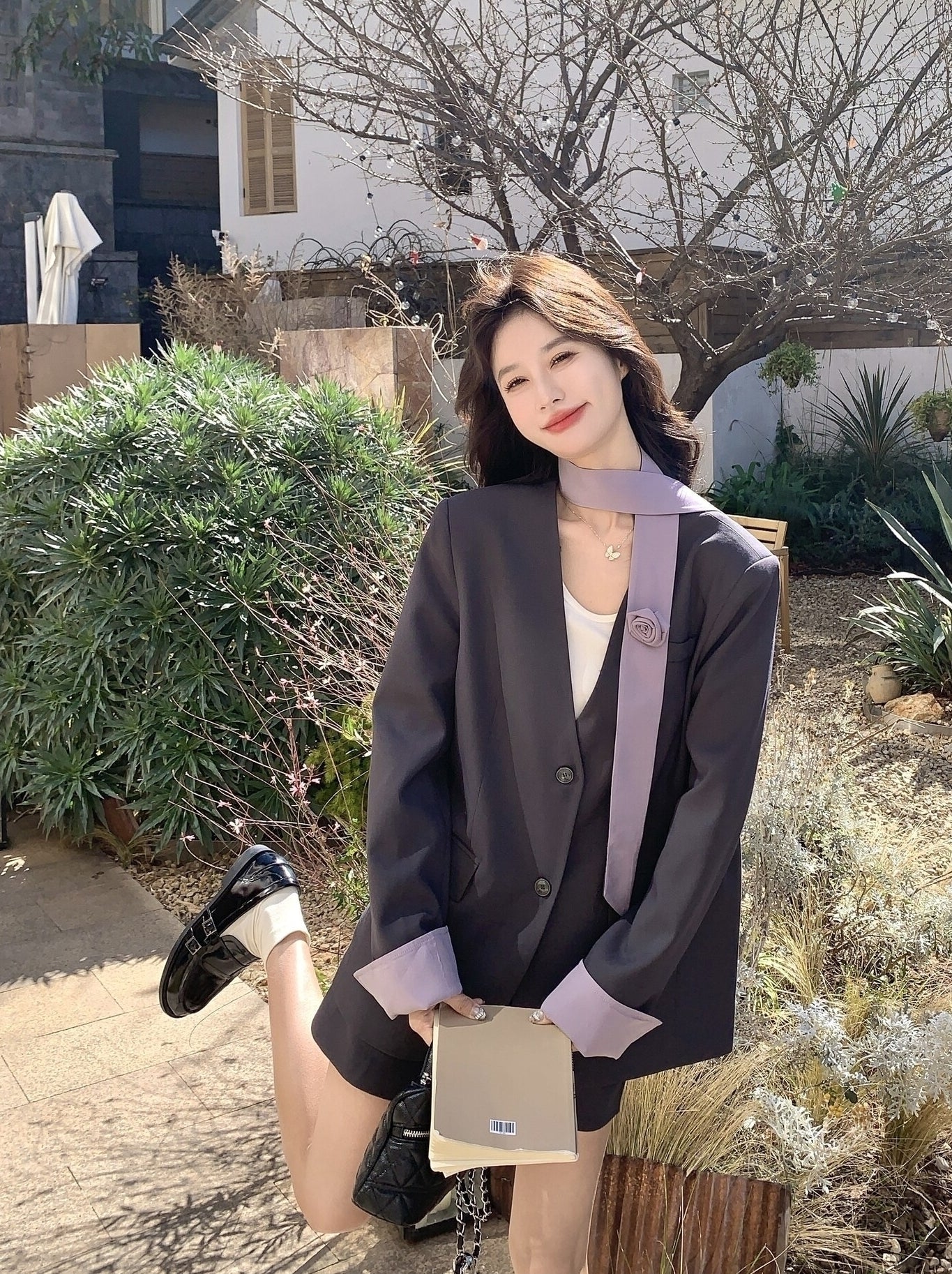 Korean Style Grey Blazer Skirt Two Piece Set