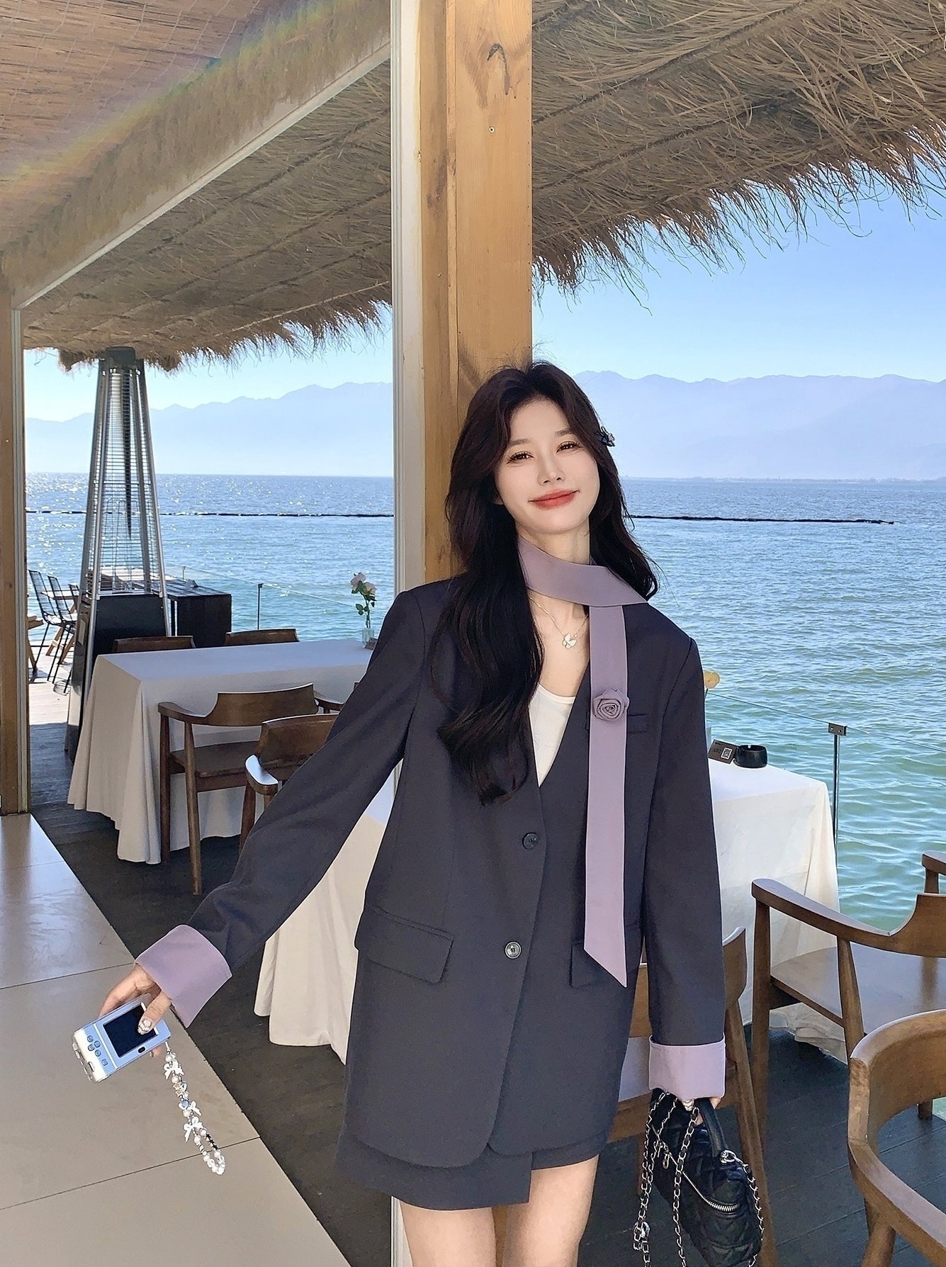 Korean Style Grey Blazer Skirt Two Piece Set