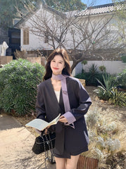 Korean Style Grey Blazer Skirt Two Piece Set