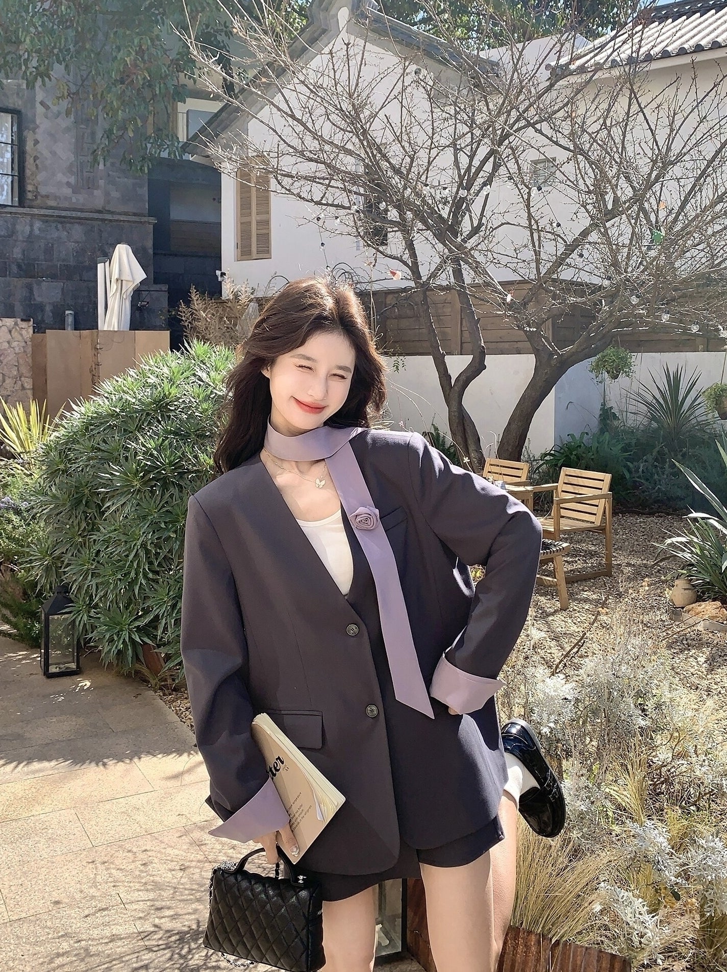 Korean Style Grey Blazer Skirt Two Piece Set