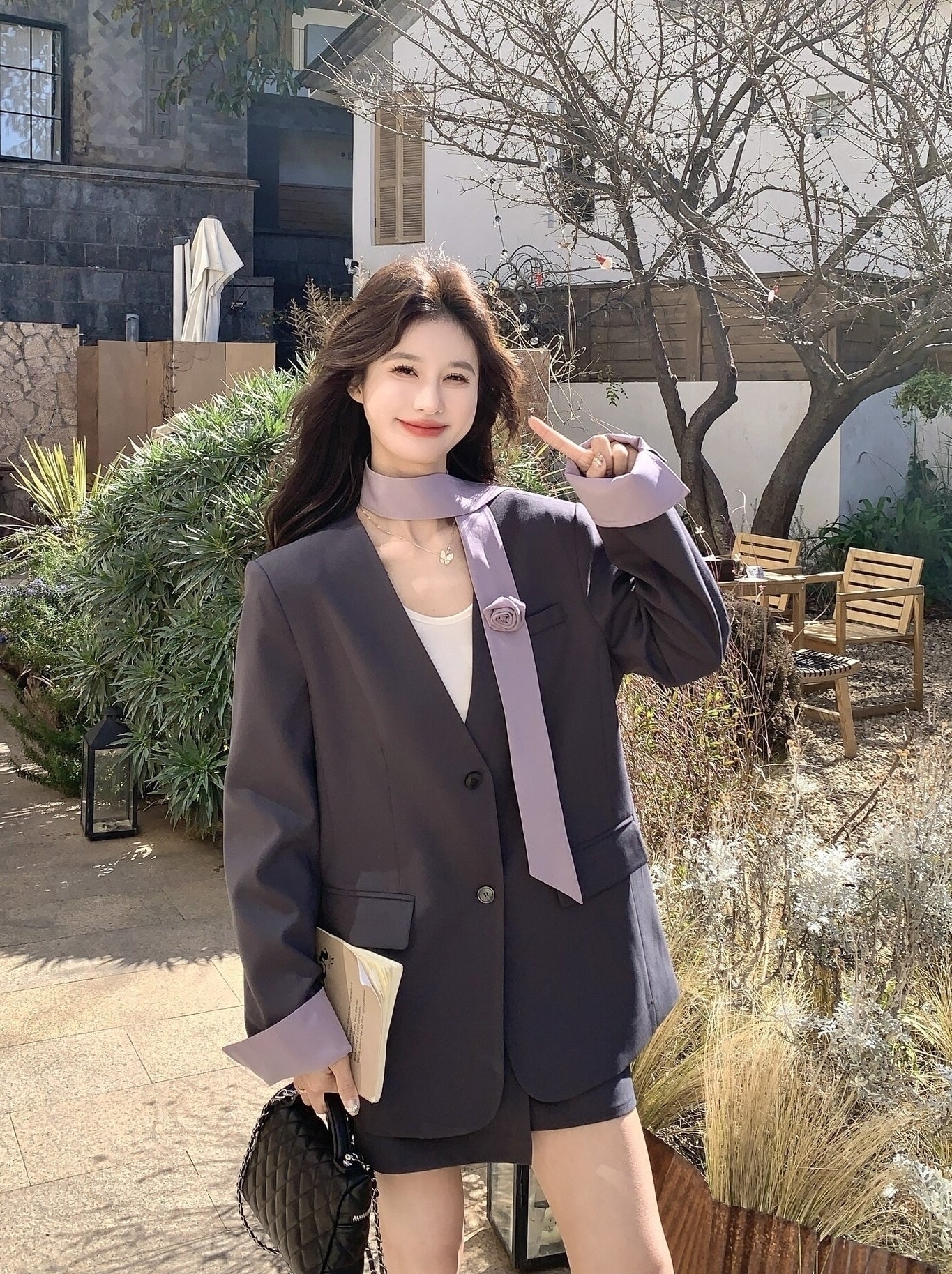 Korean Style Grey Blazer Skirt Two Piece Set