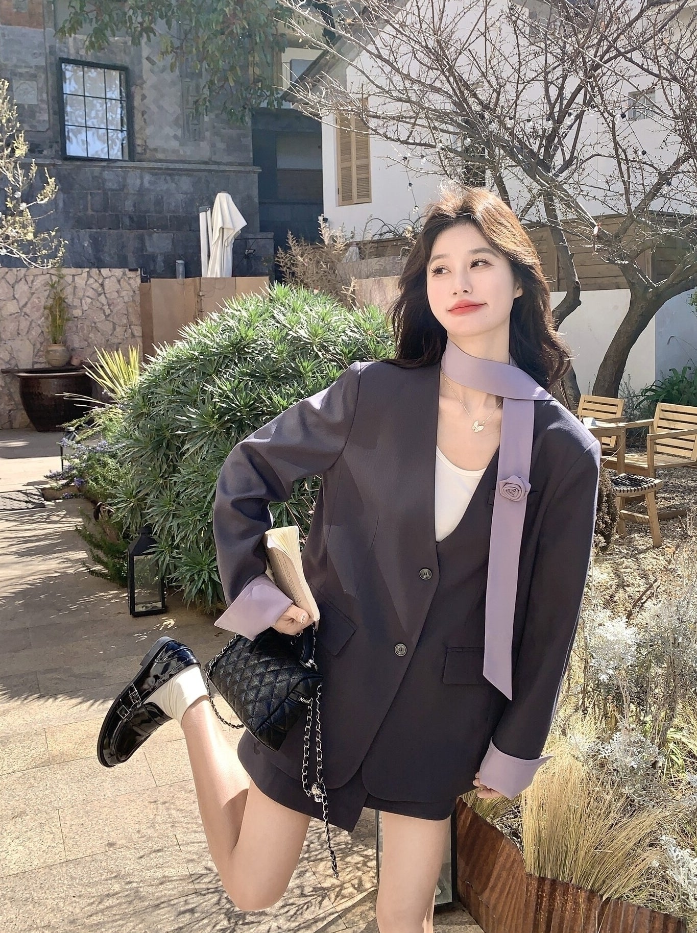 Korean Style Grey Blazer Skirt Two Piece Set