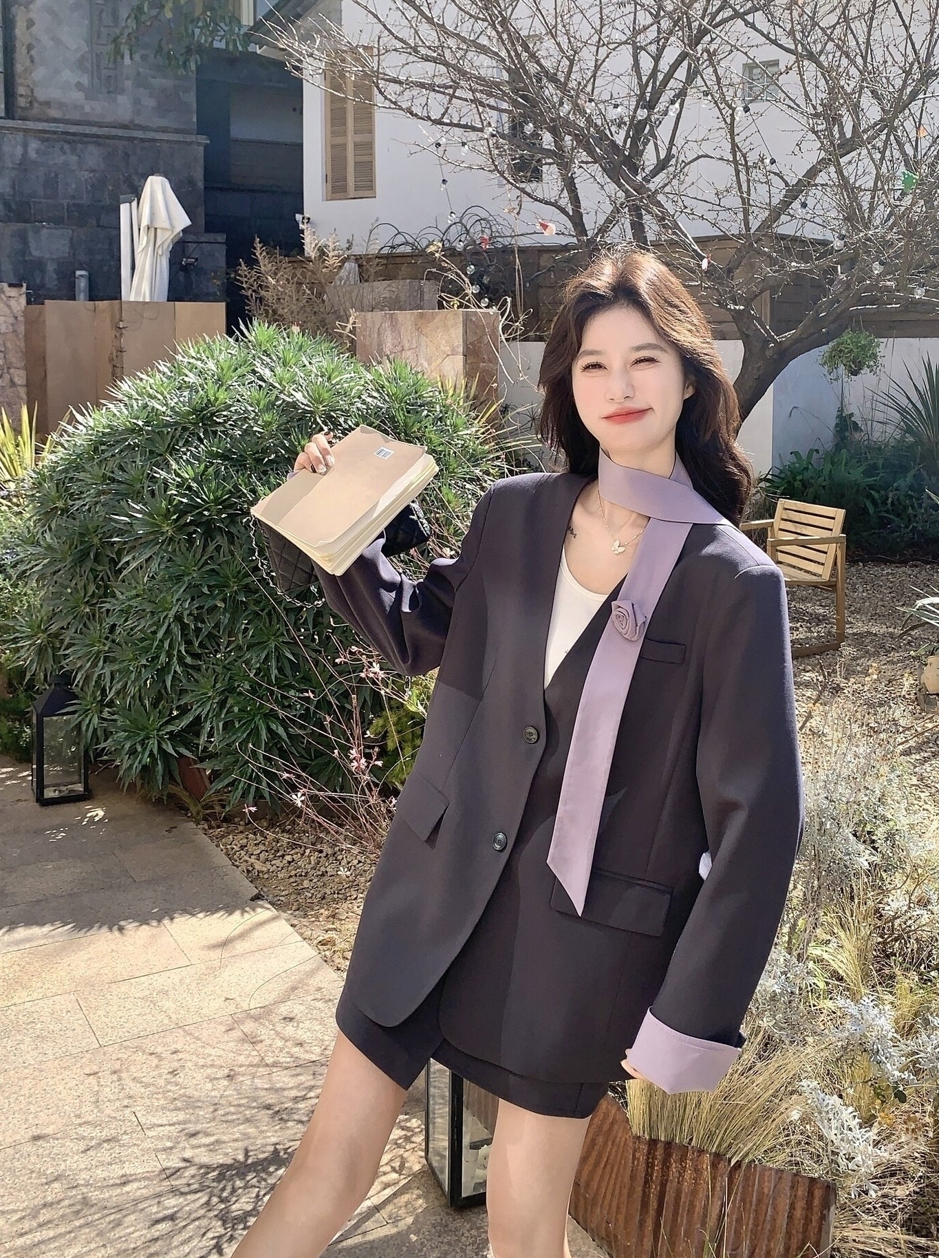 Korean Style Grey Blazer Skirt Two Piece Set