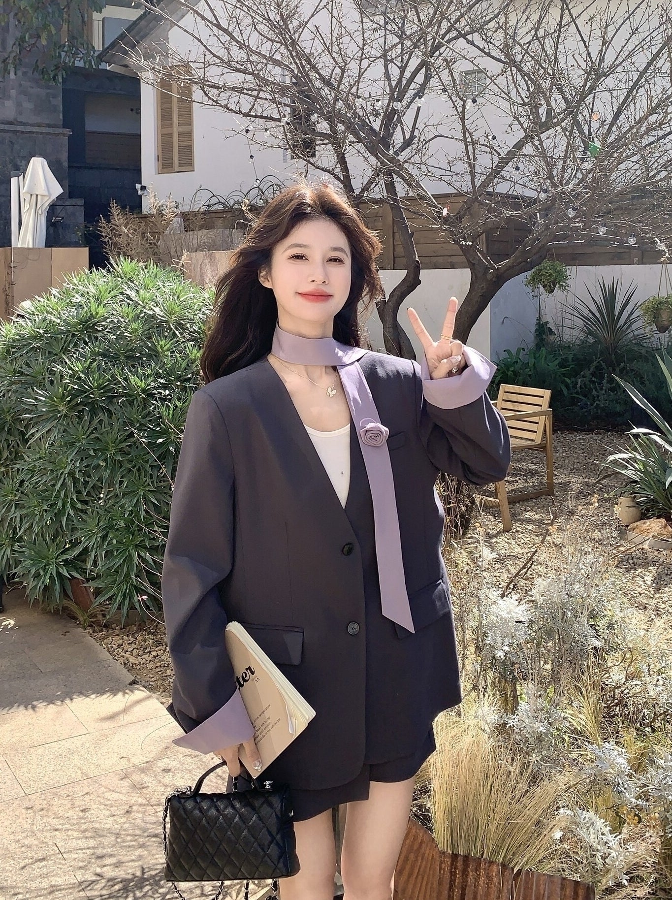 Korean Style Grey Blazer Skirt Two Piece Set