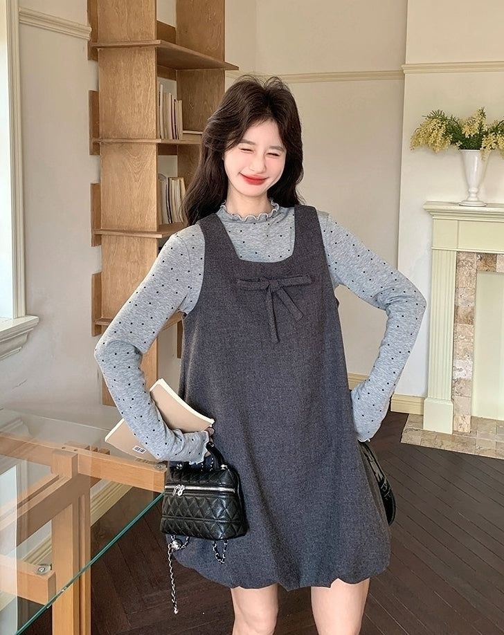 Korean Style Grey Casual Vest Dress Layering Set