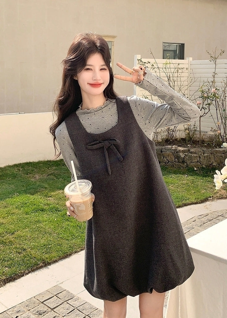 Korean Style Grey Casual Vest Dress Layering Set
