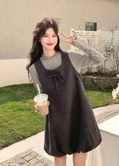Korean Style Grey Casual Vest Dress Layering Set