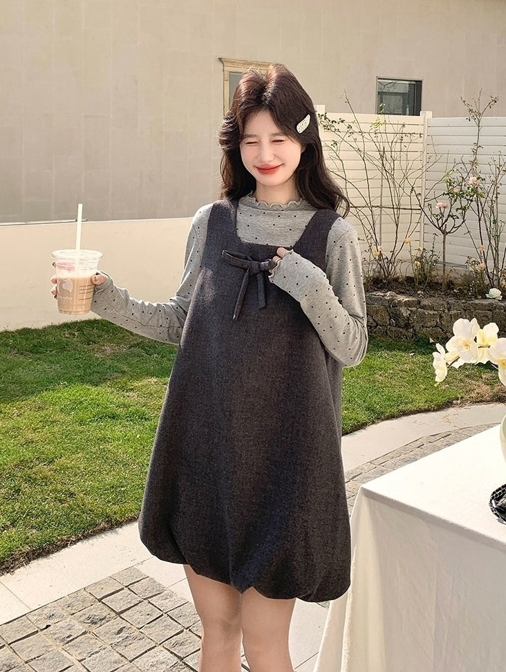 Korean Style Grey Casual Vest Dress Layering Set