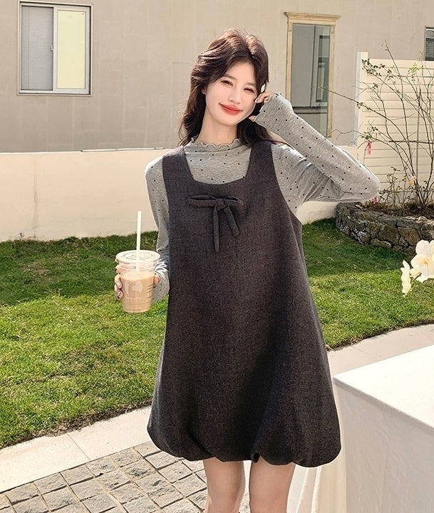 Korean Style Grey Casual Vest Dress Layering Set