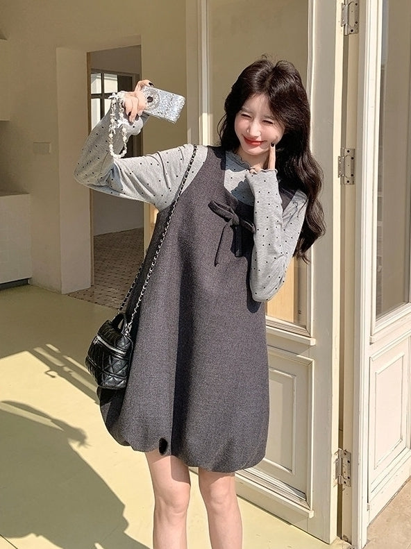 Korean Style Grey Casual Vest Dress Layering Set