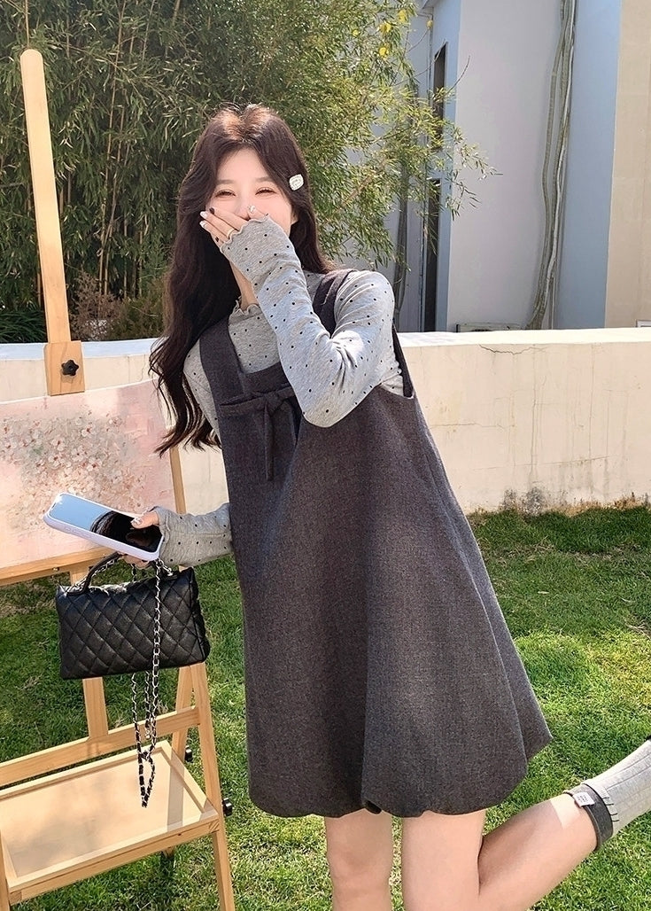 Korean Style Grey Casual Vest Dress Layering Set