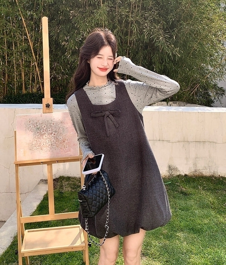 Korean Style Grey Casual Vest Dress Layering Set