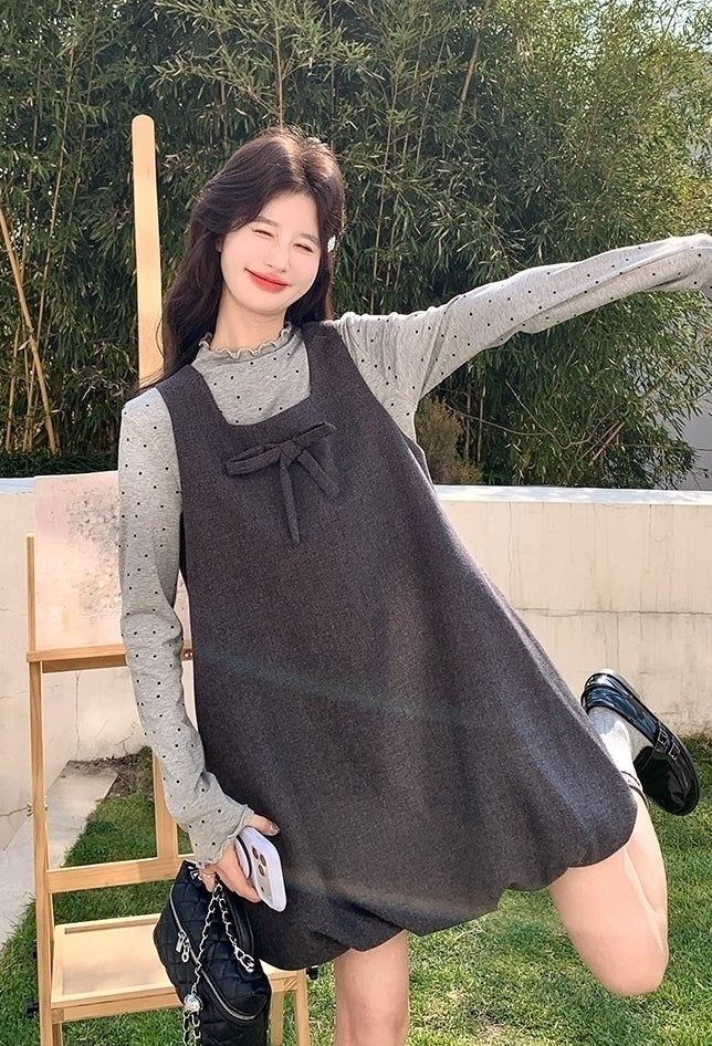 Korean Style Grey Casual Vest Dress Layering Set