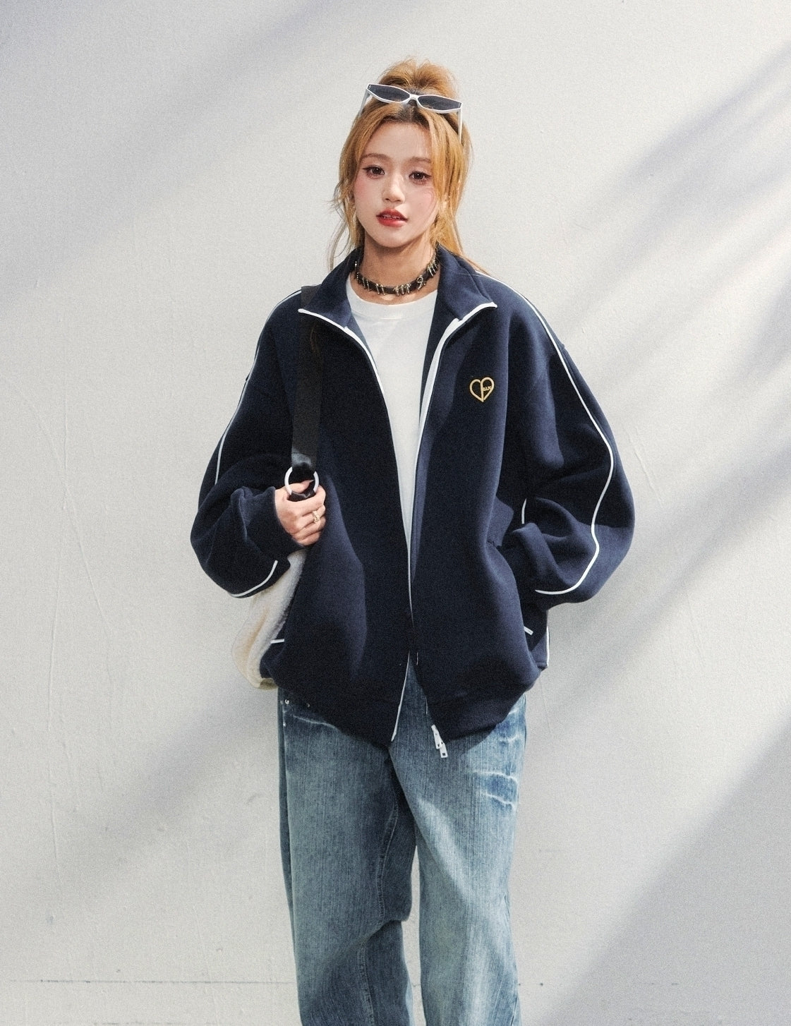 Korean Style Heart Embroidered Zip Up Sweatshirt