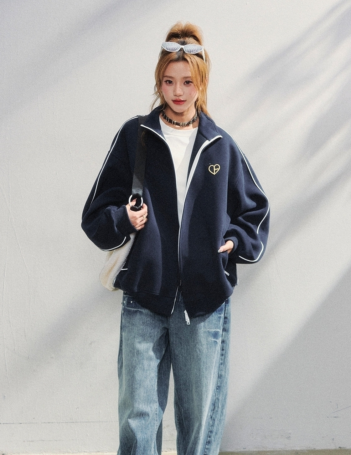 Korean Style Heart Embroidered Zip Up Sweatshirt
