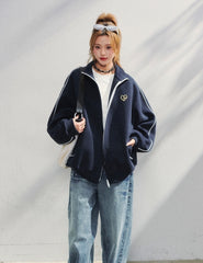 Korean Style Heart Embroidered Zip Up Sweatshirt