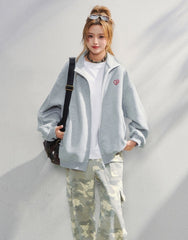 Korean Style Heart Embroidered Zip Up Sweatshirt