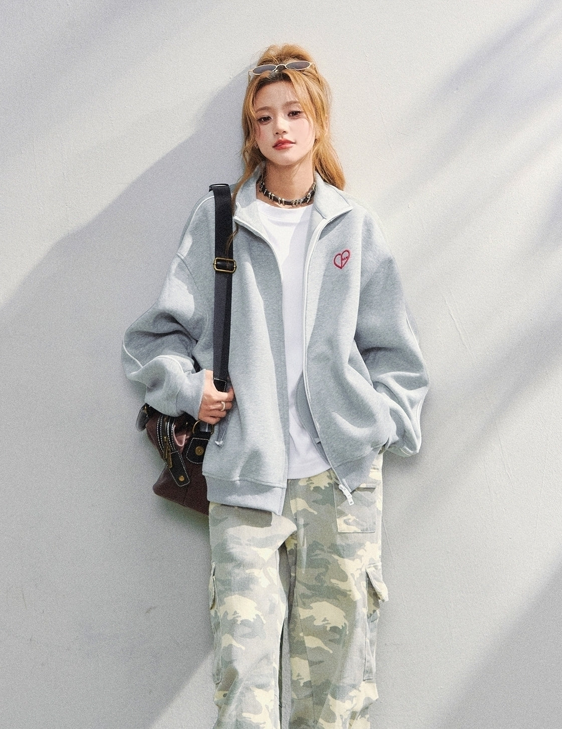 Korean Style Heart Embroidered Zip Up Sweatshirt