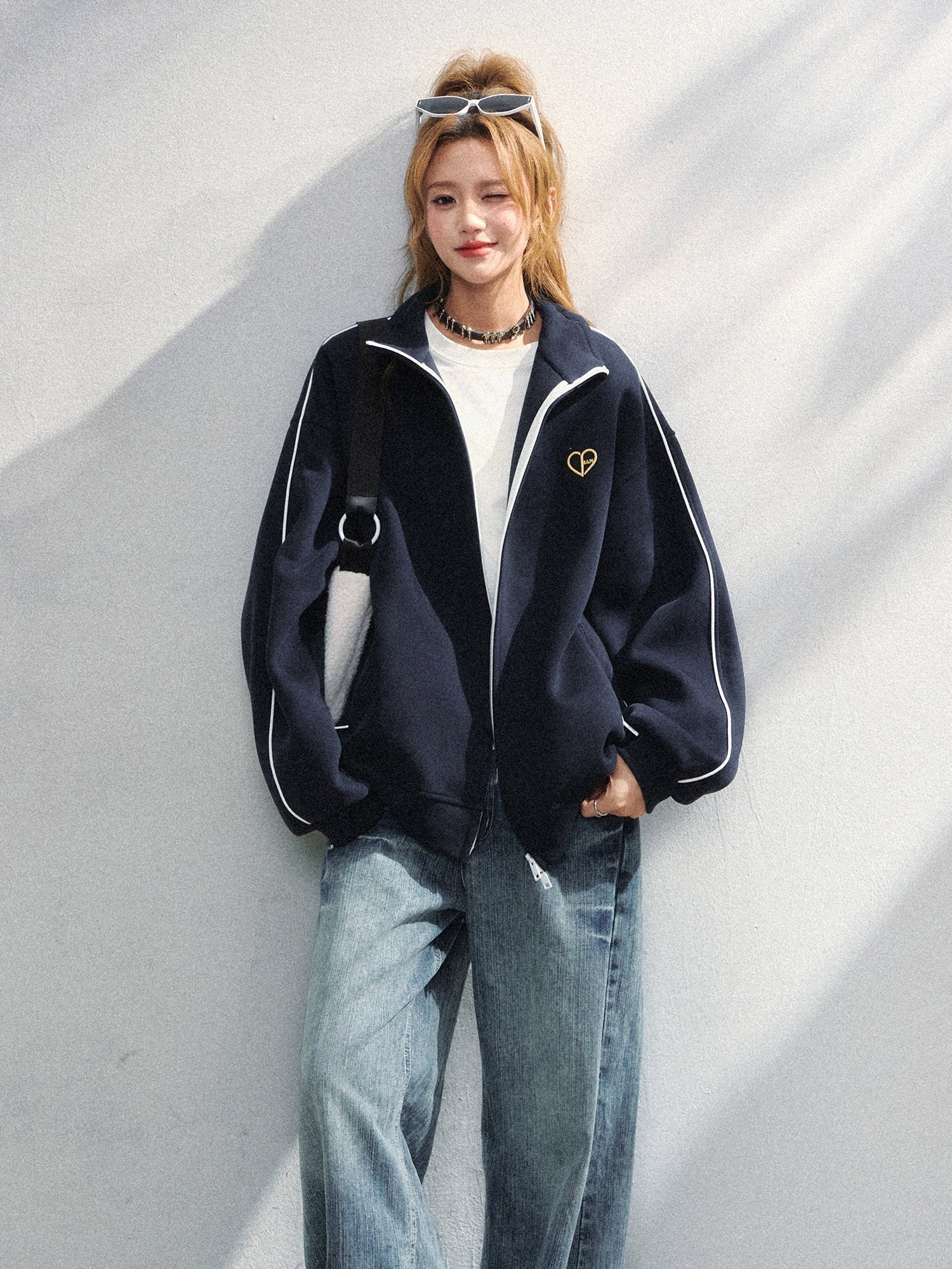 Korean Style Heart Embroidered Zip Up Sweatshirt